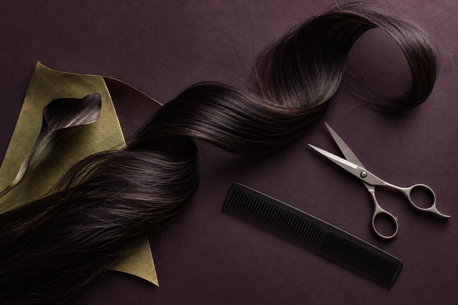 Illustrative concept still life of a sculptural dark hair ribbon with unbranded scissors and comb on aubergine paper